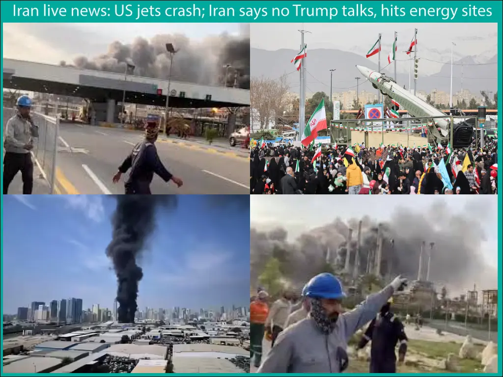 مشرقِ وسطیٰ میں کشیدگی میں مزید اضافہ ہوگیا ہے اور ایران، اسرائیل اور امریکا کے درمیان جاری جھڑپوں کے باعث خطے بھر میں جانی و مالی نقصان بڑھتا جا رہا ہے۔ 2 Iran live news US jets crash Iran says no Trump talks