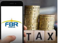 FBR Pakistan logo on smartphone with stacked coins and TAX blocks"